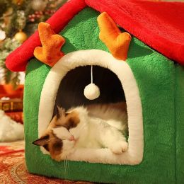 Mats Christmas Pet Sleeping House Winter Cat House Nest Warm Kennel with Soft Cushion Folding and Detachable Animals Festive House