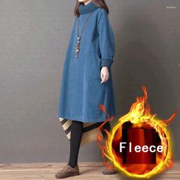 Casual Dresses Plus Size 5XL 150KG Woman Vintage Fleece Warm Long Sleeve A-line Turtleneck Loose Dress Elegant Clothes