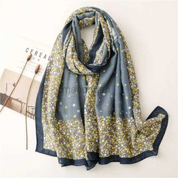 Sarongs Korean style mist blue small flower contrasting Colour womens silk scarf thin linen beach sun protection long sleeved cotton and thread 240325