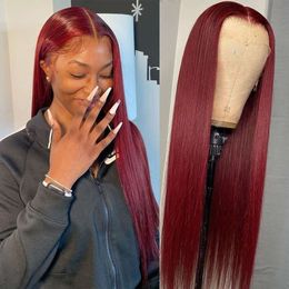 28 Inch 99J Bury for Women 13x4 Straight Pre Plucked with Baby Red Lace Front Wigs Glueless Brazilian Virgin Human Hair Wig 150% Density