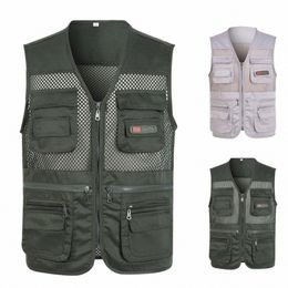 sleevel Loose Straight Vest Solid Colour Mesh Plus Size Multi Pockets Casual Summer Fishing Waistcoat for Outdoor q3Ht#