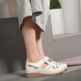 Casual Shoes Women Roman Sandals Flat PU Round Shape Solid Color Button Hollow Out Large Size