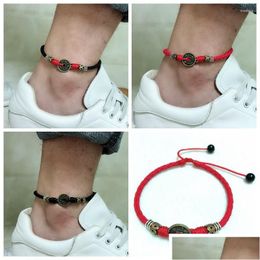 Anklets Fashionable Red Rope Retro Coin Ankle Bracelet Adjustable Handmade Braided Charm Anklet 2023 Drop Delivery Jewelry Ot8Dy