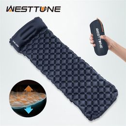 Westtune Camping Inflatable Mattress with Pillow Ultralight Outdoor Sleeping Pad Inflating Air Mat for Travel Hiking Backpacking 240325