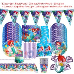 Calligraphy Little Mermaid Ariel Birthday Party Decorations Paper Disposable Party Tableware Balloon Set for Girls Baby Shower Suppli