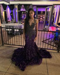 Sparkly Diamonds Purple Long Prom Dress 2024 For Black Girls Beads Crystals Rhinestones Birthday Party Reception Robe