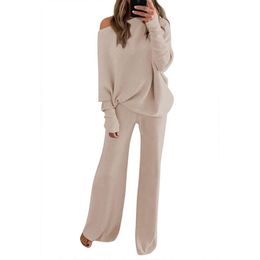 Meenew Womens Long Sleeve Knit Pullover Sweater Wide Leg Pants Outfits 2 Piece Sweatsuit Knitted Lounge Set