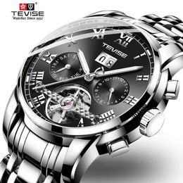 TEVISE Mens Automatic Watches Luxury Stainless steel Tourbillon Moon phase Mechanical Wristwatch Male gifts Relogio Masculino266j