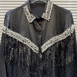 Women's Blouses Rhinestone Sequined Tassel Satin Women Spring Autumn Single-Breasted Long Sleeve Drilling Shirt Female Top White