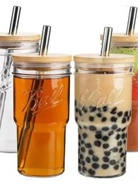 Mugs 24oz Bamboo Mason Glass Cup Straw Cap Beer Cold Drink Beverage Juice