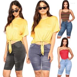 Women's Jeans Short High Waist Women Pants Knee Length Stretch Pleated Denim Shorts Trouser