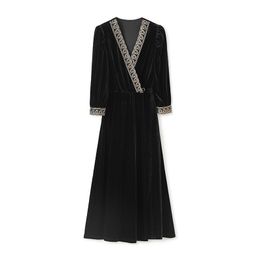 2024 Spring Black Solid Colour Embroidery Dress 3/4 Sleeve V-Neck Midi Casual Dresses W4M016408