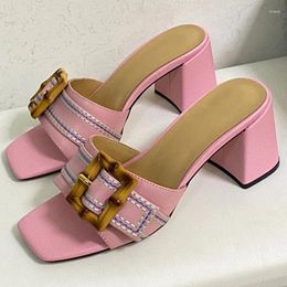 Slippers Women Summer 2024 Unique Bamboo Buckle Upper Design Square Head Open Toe Pumps Fashion Versatile Female Shoes