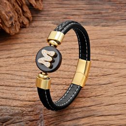 Charm Bracelets A-Z Initial Name Letter Zircon Bracelet Round Natural Stone Woven Leather Couple Bangles Man Women Jewelry