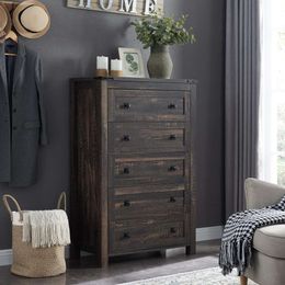 T4TREAM Farmhouse 5 Drawers Dresser Chests Wood Tall Chset of Drawers,dressers Organiser for Bedroom, Living Room,hallway, Dark Rustic Oak