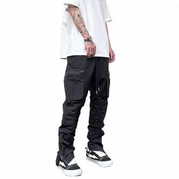 harajuku Black Tapered Pants for Mens Functial Rubber Band Pleated Waterproof Zipper Casual Pants Nyl Men's Jogging Pant A6Fa#