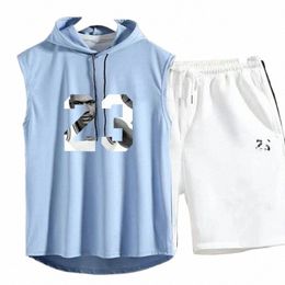 new Summer Men's Two Piece Set CasualT-Shirt and Shorts Set Mens Sports Suit Fi Short Sleeve Tracksuit Hooded T-shirt h4qr#