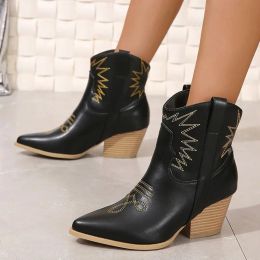 Boots Embroidered Ankle Western Boots for Women Black PU Leather Pointed Toe Cowboy Boots Woman Thick High Heels SlipOn Short Booties