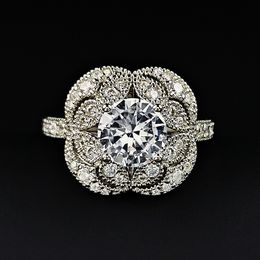 2024 Handmade Wedding Rings Vintage Jewellery 925 Sterling Silver Round Cut White Topaz Cz Diamond Gemstones Party Women Bridal Flower Ring for Mother Day Gift 0J5K
