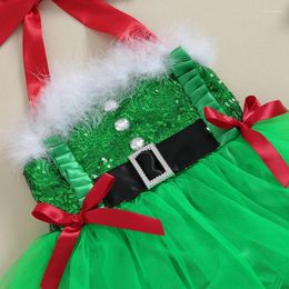 Girl Dresses Baby Girls Christmas Romper Dress Bow Halter Neck Tulle Bodysuit Born Sleeveless Sequin Jumpsuit Party