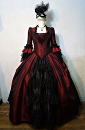 Vintage Victorian Ball Gown Prom Dresses Dark Red And Black Gothic Cosplay Masquerade Dress For Women Floor Length Bell Long Sleeves Square Neck