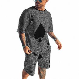 funny Poker Pattern Y2k Men Casual Fi Tracksuit Street Wear T-Shirt Shorts Suit 2 Pieces Outfit Set Male Oversized Clothing v6KL#