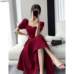 Red Dress Womens Summer New Square Neck Waist Slimming Bubble Sleeve Engagement