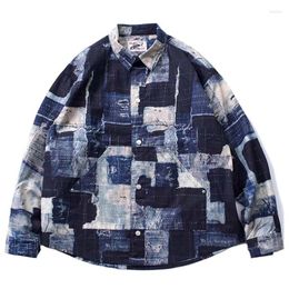 Men's Casual Shirts Hip Hop Colour Block Patchwork Men Fashion Long Sleeves Streetwear Button Up Blouse Vintage