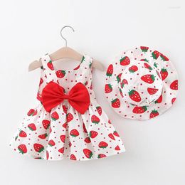 Girl Dresses Baby Dress 2024 Summer Girl's Bow Children's Strawberry Print Small Fresh Casual Hat Wear