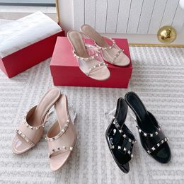 new fashion high quality Stud-detailed clear crystal Wedge slipper PVC open toes slip-on wedge High heel sandal Luxury Designers slide for women 8.5cm Free delivery