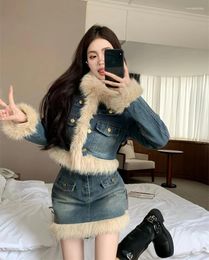 Casual Dresses W4M Winter Age Reduction Little Fragrance Maillard Vintage Spice Girl Denim Jacket Skirt Suit Women Dress