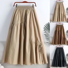 Skirts 2024 Women Irregular Lacing Casual Midi Elastic Waist Summer Solid Colour Swing Pleated A Line Skirt Faldas