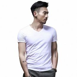 2024 New Men's Tops Tees T Shirt Pure Colour ModaL Cott Short Sleeved T-Shirt Male V-Neck Tops Bottoming Shirt k0Ob#