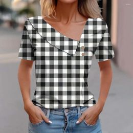 Women's Blouses V-neck T-shirt Stylish Plaid Print Skew Collar For Women Loose Fit Short Sleeve Pullover With Button Decor Summer