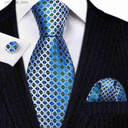 Neck Ties Neck Ties Luxury Blue Green Plaid Silk Tie for Mens Necktie Handkerchief Cufflinks Set Wedding Party Gravata Corbatas BarryWang 6263 Y240325