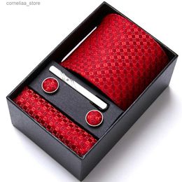 Neck Ties Neck Ties Tie For Men Wholesale Holiday Gift Tie Pocket Squares Cufflink Set Necktie Box Man Red Wedding Accessories Fit Group Y240325