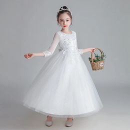 Youth Girls Teenagers Elegant Concert Performance Dres Ceremonial Long White Autumn Children 10 To 12 Years Old Clothes 240321