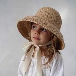 Wide Brim Hats Bucket Hats Handwoven sun hat Raffia retro summer travel sun beach vacation straw hat with lace suitable for children and adults on vacation J240325