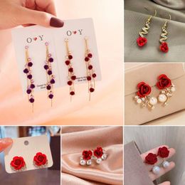 Dangle Earrings Vintage Fashion Rose Flower Rhinestone For Women Alloy Resin Tassel Girl Party Jewellery Trend Gift 1Pair