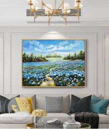 Calligraphy Handpainted Landscape Abstract Oil Painting Castoral style Blue Flower Field Wall Art Decoration Home Decor For Office Bedroom