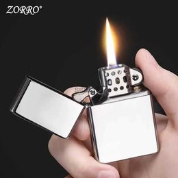 Lighters ZORRO Original Kerosene Lighter Retro Creative Pure Copper Shell Windproof Brass Cigarette Gasoline Engine Smoking Accessories 240325