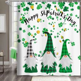 Curtains Happy St. Patrick's Day Shower Curtain, Green Clover Shamrock Leaf Irish Gnome Elf Buffalo Cheque Plaid Fabric Bathroom Curtains