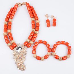 Artificial Coral Women Pendant Necklace Bracelets Earrings Suit African Wedding Jewellery Set Nigeria Bride Accessories Party Gift 240314