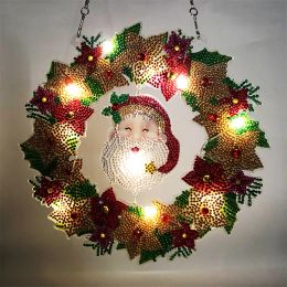 Stitch DIY Diamond Painting Wreath with LED Light Diamond Embroidery Kit DIY Cross Stitch Art Craft Pendant Christmas Home Wall Decor