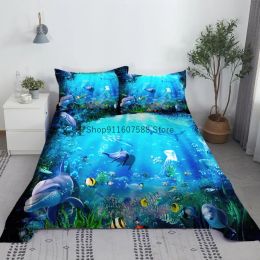 Set Whale Bed Sheet Set 3D Printed Sea World Bed Flat Sheet With Pillowcase Bed Linen For Adults Kids 1.0/1.2/1.35/1.5/1.8/2.0m
