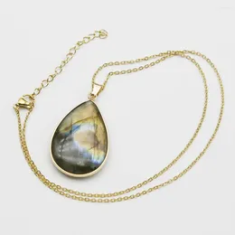 Pendant Necklaces Natural Gray Flash Stone Gilded Edge Water Drop Stainless Steel Chain Necklace Charms Jewelry Accessories Wholesale 4Pcs