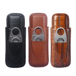 Boxes New Portable Leather Cigar Case with Sier Cigar Cutter Mini 2tube Leather Case for Cigars Suitable as Holiday Gift for Friends