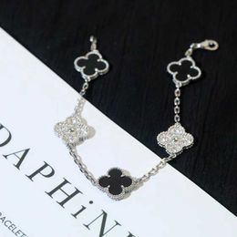 Brand charm 925 Pure Silver Van Panda Bracelet Plated with 18K White Gold Black Agate Diamond Clover High Version