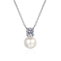 Fine Jewelry Wholesale Freshwater Pearl Chain 0.5CT Moissanite 925 Sterling Silver White Gold Plated Necklace For Women