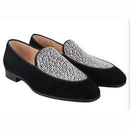 Handmade Black Suede Men Loafers With Austrian Real Crystals Luxury Brand GZ Style Slip-On Smoking Slippers Red Soles